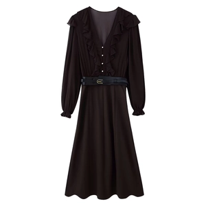 Women Chiffon Maxi Dress Ruffle V Neck Long Sleeve Belted Pleated Solid Color Elegant Ladies Gown