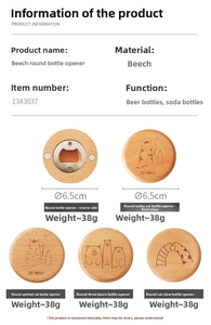 Detailed view of round beech wood bottle openers with magnetic back and cat engravings
