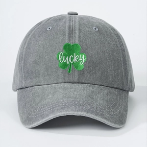 Grey washed cotton baseball cap with green lucky shamrock embroidery on front