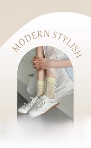 Detailed knit texture of beige mid-calf socks with delicate white side bow accents