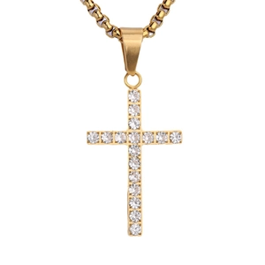 Minimalist gold cross pendant necklace with sparkling cubic zirconia on a box chain