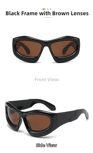 Chunky Y2K bubble sunglasses featuring a bold thick black frame and brown lenses. Side view.