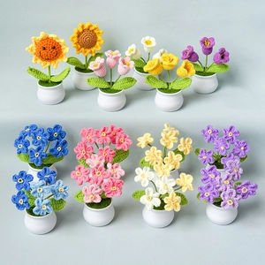 Handmade Knitted Potted Flowers Yarn Wool Crochet Sunflower Tulip Simulation Plant Desktop Decor Home Office Gift