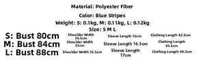 Detailed size chart for blue striped bubble sleeve top in sizes S to L with measurements