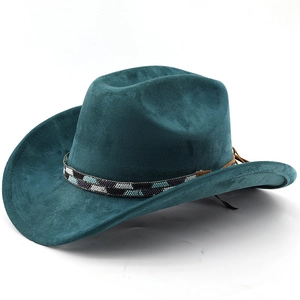 Classic petrol blue suede cowboy hat with bohemian beaded band shown from a 45-degree angle