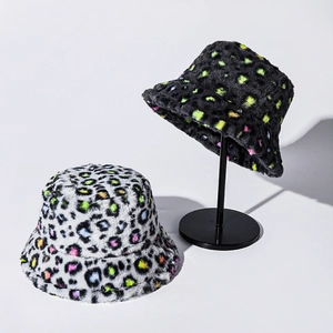 Faux fur colorful leopard print bucket hats in neon colors for winter warmth and style