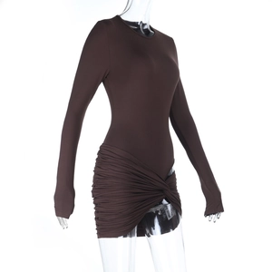 Detail view of coffee brown slim fit dress showing ruched fabric and crossover cut