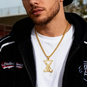 Male model wearing gothic gold Sigil of Lucifer stainless steel pendant necklace