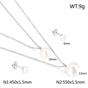 Double-layer pearl necklace and stud earrings set with detailed size and weight specs