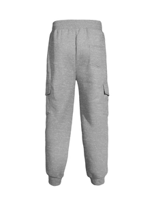 Rear view of grey fleece cargo joggers showing elastic drawstring waist and side flap pockets