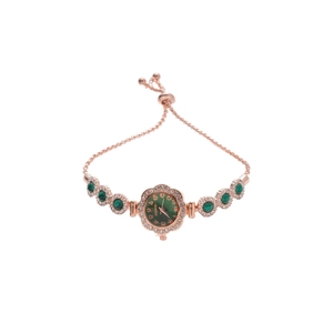 Elegant rose gold bracelet watch with green dial and rhinestone-encrusted round bezel