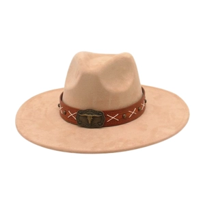 Detail of beige felt fedora featuring brown leather band with metal bull head emblem