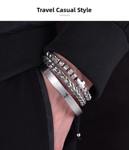Close-up of three-piece men's stainless steel bracelet set with cross and scripture