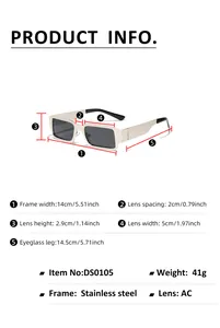 Detailed sizing chart for square stainless steel sunglasses with dimensions and specs