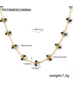 Detail view of handmade glass bead flower necklace with titanium steel chain specifications