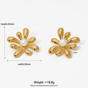 Golden flower stud earrings with white pearl center, 30mm diameter minimalist style