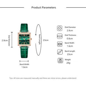 Detailed size specifications for women's square quartz watch with PU leather band