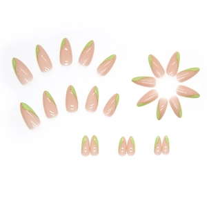 Almond press-on nails with neon green French tip design and delicate gold glitter lines