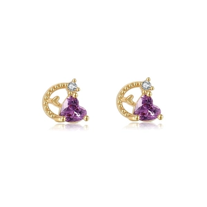 Macro shot of purple heart zircon earrings with gold plating on a clean white background