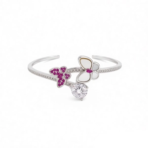 Sparkling pink butterfly open bangle with zircon inlay and silver finish for women