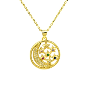 Gold-plated necklace with moon and five-color cubic zirconia stars on a round pendant