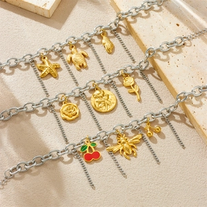 Stainless Steel Multi Charm Bracelet Two Tone Bee Flower Starfish Cherry Tassel Adjustable Jewelry For Women