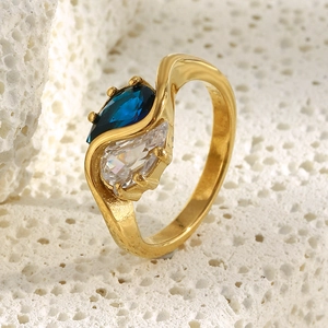 18K gold plated stainless steel ring with pear-cut blue and white zircon stones