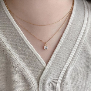 Minimalist double-layer gold necklace with cubic zirconia square lock pendant for women