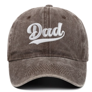 Close-up of white 3D Dad embroidery on washed cotton fabric of a baseball cap