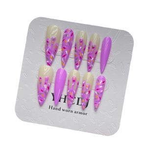 Pink heart ice cream style stiletto press-on nails with lavender and white drip design