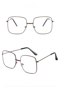 Detailed views of bronze oversized square metal eyeglasses frame from front and side angles
