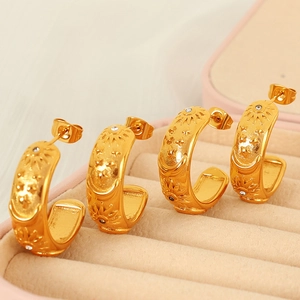 Vintage Stainless Steel Hoop Earrings With Celestial Sun Moon Star Embossed Rhinestone Gold Plated Jewelry For Women