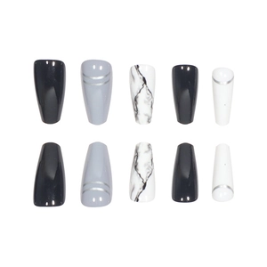Long coffin press-on nails with marble patterns and black-white minimalist silver line designs
