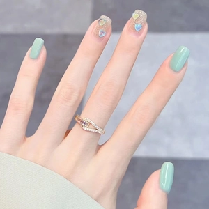 Mint Green Press On Nails Short Square Round With 3D Heart Rhinestone Decor Artificial Nail Tips For Women