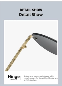 Detailed close-up of golden metal hinge and screws on sleek oval sunglasses