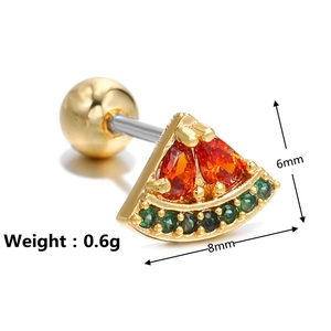 Macro shot of 18k gold plated watermelon ear stud with red and green zircon stones
