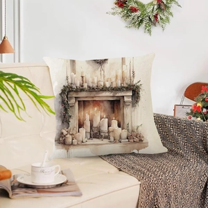 Detailed watercolor print of a cozy winter fireplace on a linen holiday cushion cover
