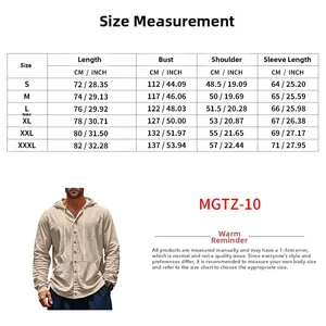Detailed size chart for men's hooded linen shirt showing measurements in CM and INCHES