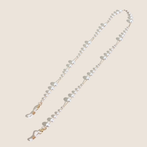 Elegant white pearl eyewear chain with gold links and silicone loops for masks or glasses