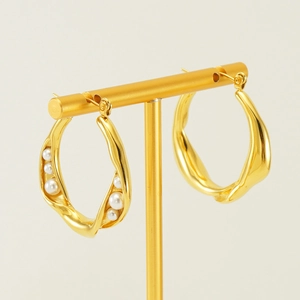 French vintage 18K gold twisted hoop earrings with irregular pearl inlay for women