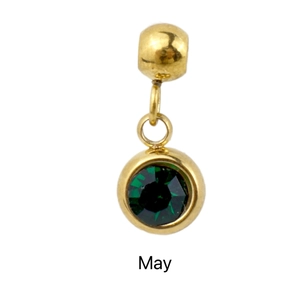 Detailed close-up of a gold pendant with a green May birthstone on a white background