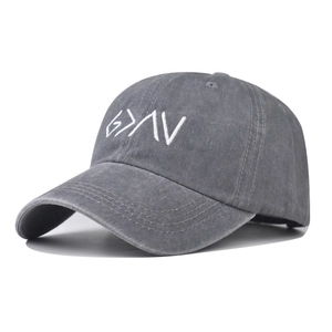 Vintage washed dark grey denim baseball cap with white geometric embroidery for daily wear