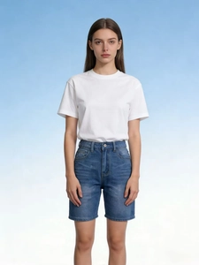 Detail of blue washed denim shorts paired with a minimalist white short sleeve T-shirt