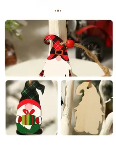 Detail display of wooden Christmas gnomes with plaid fabric hats and hanging beads
