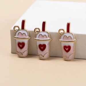 Pink heart milk tea enamel charms in gold alloy for DIY necklaces and bracelets