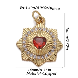 Gold star pendant necklace with red heart stone and zircons, 18mm copper jewelry piece