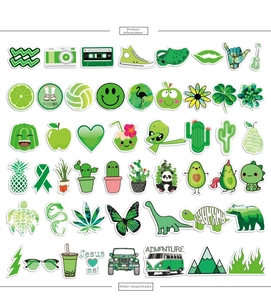 Detailed grid layout of 50 assorted green VSCO stickers featuring trendy nature motifs