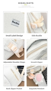 Vue détaillée du sac à dos blanc à texture bulle avec logo XiaoXiao et breloque lapin