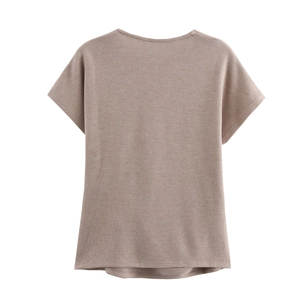 Rear view detail of soft brown knit t-shirt fabric texture and fine stitching