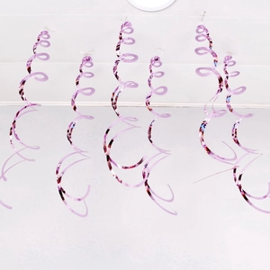 Detail view of 6-piece pink reflective PVC spiral swirl decorations for party ceiling